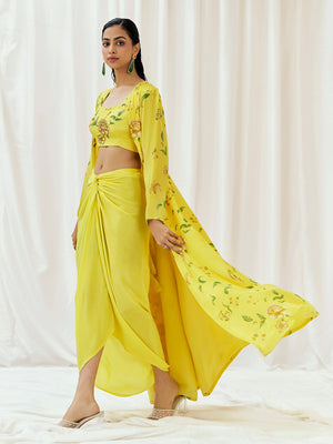 Bright Yellow Printed Embroidered Drape Skirt Set with Jacket - Custom image