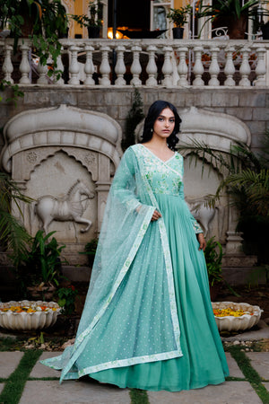 Turquoise Embroidered Anarkali Set image 2