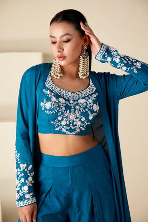Hand-Embroidered Floral Jacket Pants Set image 2