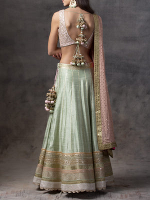 Mint Green Raw Silk Lehenga with Peach Choli image 1