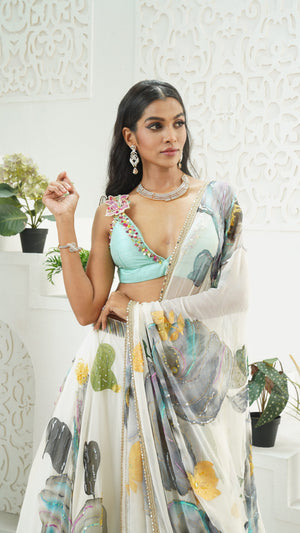 Ivory hand painted lehenga and Mint bralette blouse set image 3