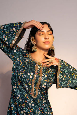 Royal Green Printed And Embroidered Kurta Set image 3