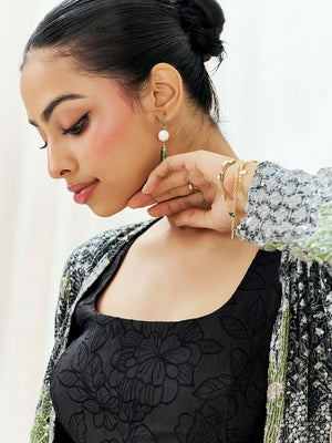 Black Printed Embroidered Long Jacket Sharara Set image 5