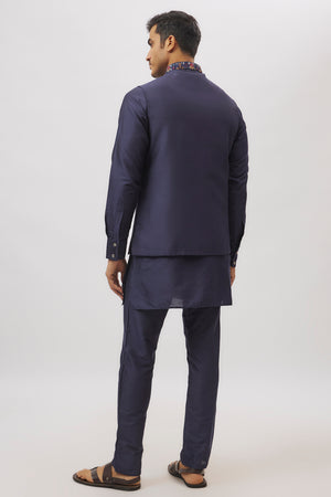 Navy Blue Embroidered Jacket Kurta Set image 2