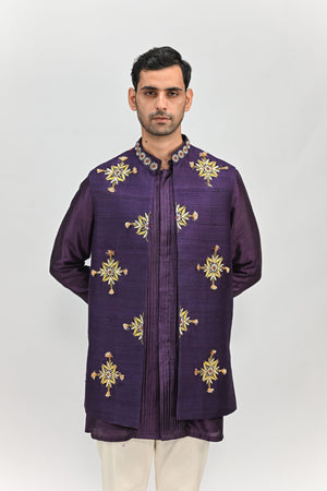 Plum Butta Half Jacket Kurta Pant Set image 2