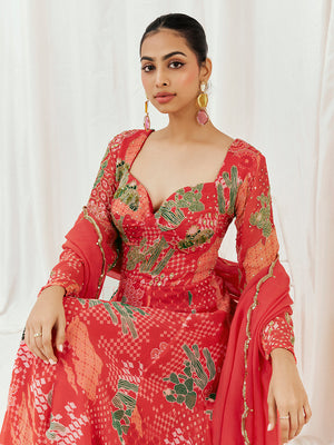 Red Printed Embroidered Anarkali Set with Dupatta image 1