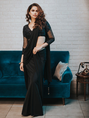 Black Drape Saree Set - M image