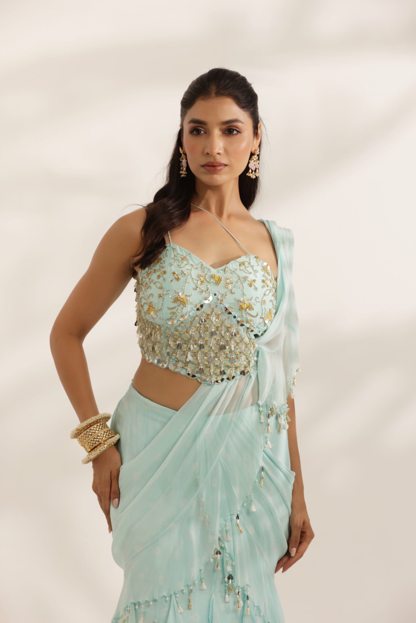 Sky Blue Ruffled Lehenga With Attached Pallu image 1
