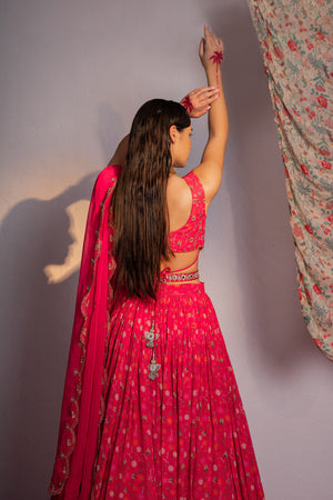 Hot Pink Printed And Embroidered Lehenga Set image 5