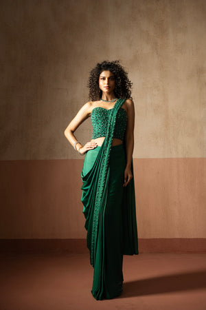 Pre-Draped Emerald Green Hand Embroidered Satin Saree With Corset Blouse image 4