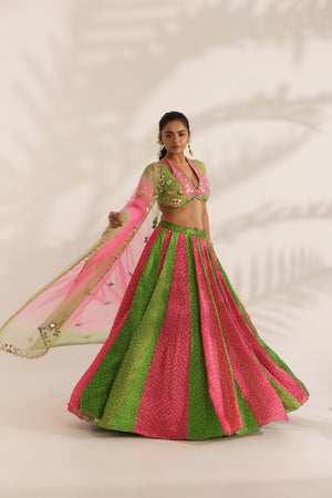 Pink and Green Bandhani Lehenga - XL image