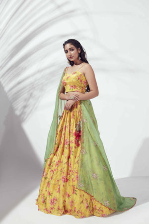 Yellow Floral Printed Lehenga image 3