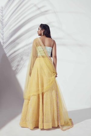 Sunflower Lehenga with Sea Green Bustier image 1
