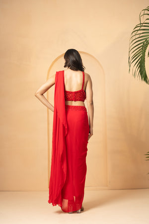 Red Crystal Embellished Drape Saree image 1
