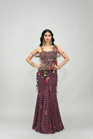 PLUM PRESTITCHED TASSEL SAREE PAIRED WITH BADLA EMBROIDERED PLUM CORSET image 5