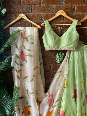 Mint Hand Painted Organza Lehenga Set image 3