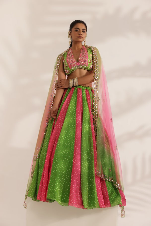 Pink and Green Bandhani Lehenga image 1