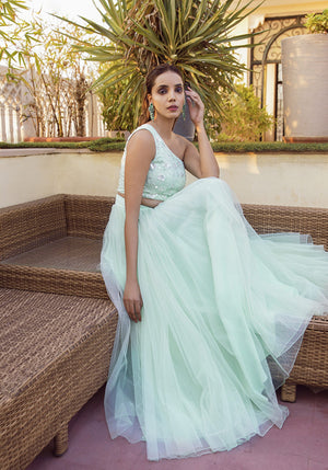 Mint Green One Shoulder Blouse with Tulle Skirt image 1