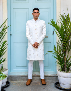 White Lucknowi Embroidered Sherwani Set - Custom image