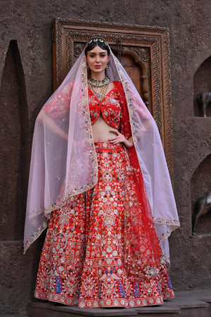 Red Peacock Embroidered Bridal Lehenga Set image 4