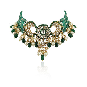 22KT Gold Plated Green Choker Necklace Set image 2