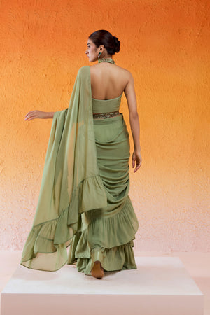 Pista Green Embroidered Drape Saree Set with Belt image 7