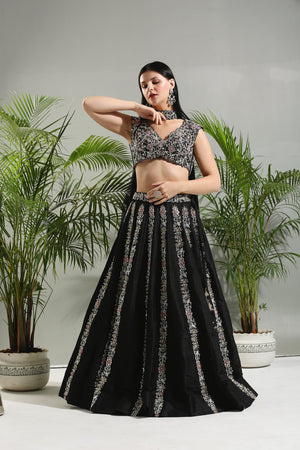Black Thread and Mirror Hand Embroidered Lehenga Set image 1