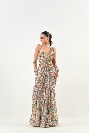 Highlighted Pre Stitched Peacock Saree Paired with Printed Highlighted Peacock Blouse - S image