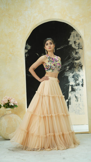 Multi-hued embroidered blouse and tier skirt set image 1