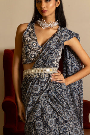 Blue Printed Skirt Saree Set with Belt image 6