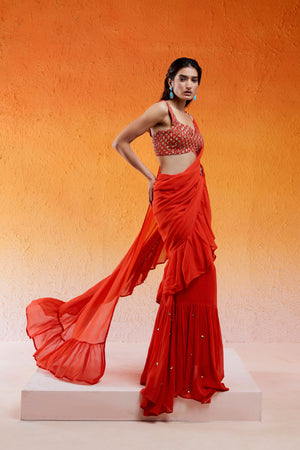 Scarlet Red Embroidered Saree Set image 5