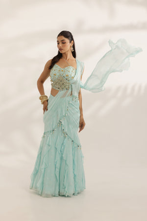 Sky Blue Ruffled Lehenga With Attached Pallu - M image