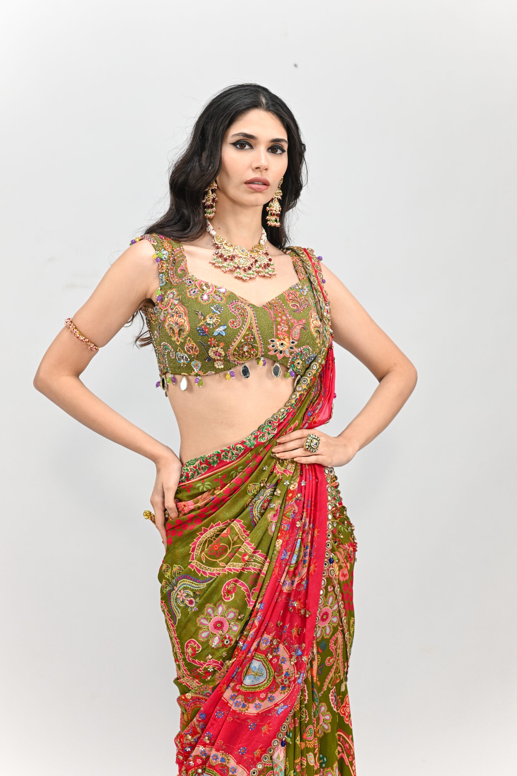 Olive Highlighted Dual Pre-stitched Saree Paired With Badla Embroidered Green Blouse image 1