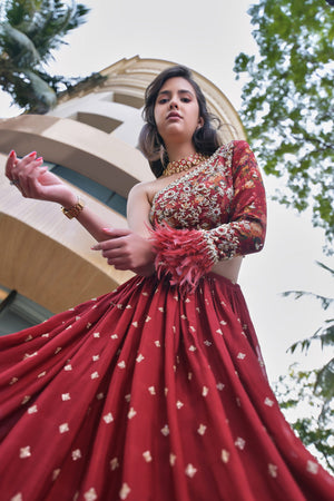 Red Lehenga with One Shoulder Blouse image 1