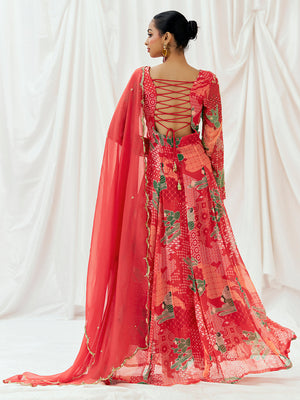 Red Printed Embroidered Anarkali Set with Dupatta image 5