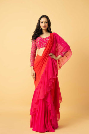 Pink and Orange Georgette Ruffle Saree image 2