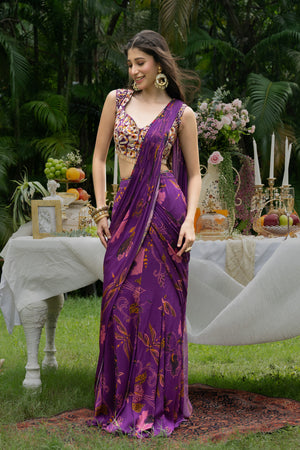 Plum Printed Drape Saree - Custom image
