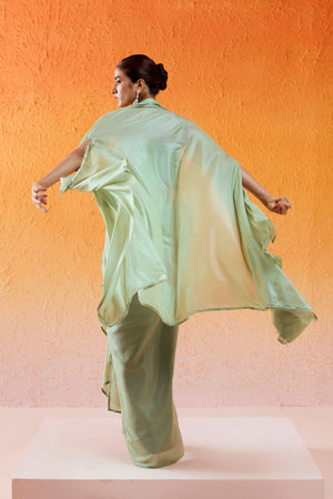 Pista Green Embroidered Drape Skirt Set with Cape image 5