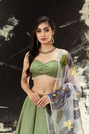 Sage Green lehenga set with hand painted dupatta image 5