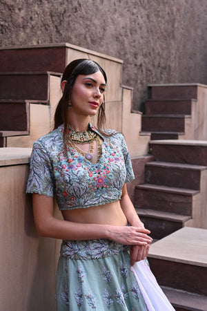 Blue Embroidered and Embellished Heavy Lehenga Set image 3