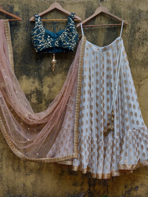Ivory Ruffle Lehenga and Green Blouse Set image 1