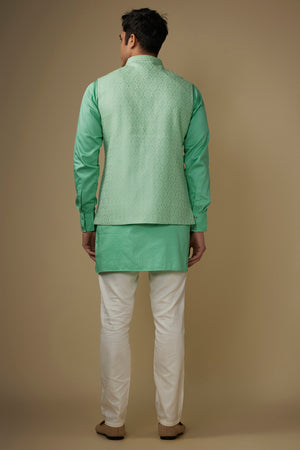 Mint Green Jacquard Jacket Kurta Set image 2