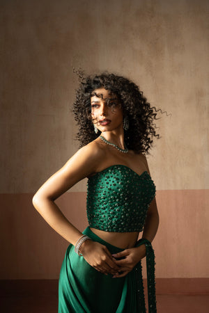 Pre-Draped Emerald Green Hand Embroidered Satin Saree With Corset Blouse image 2