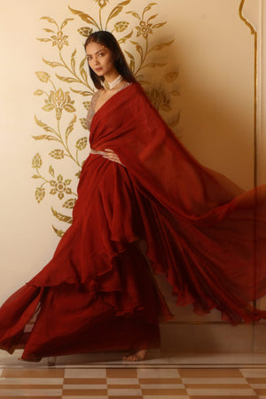 Rustic Red Organza Ruffle Saree Set image 1