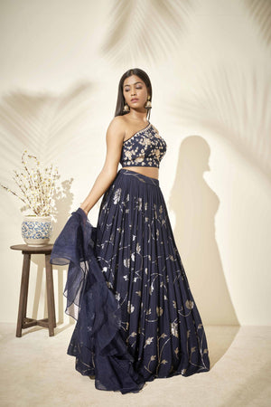 Navy Blue Floral Lehenga image 3