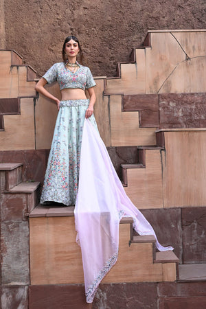 Blue Embroidered and Embellished Heavy Lehenga Set - S image