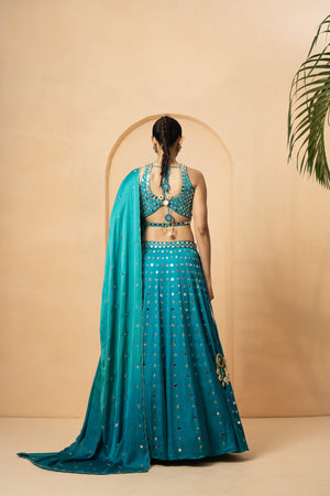 Turquoise Mirror and Pearl Embellished Lehenga image 3