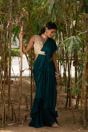 Teal Green Zuri Ruffle Saree image 1