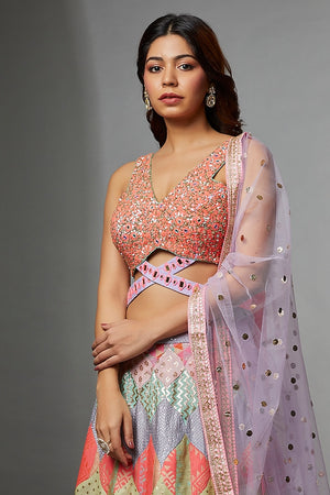 Multi Colored Woven Fabric Embroidered Lehenga Set image 2