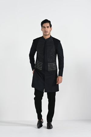 Dark Sapphire Geometric Panel Achkan Set image 6
